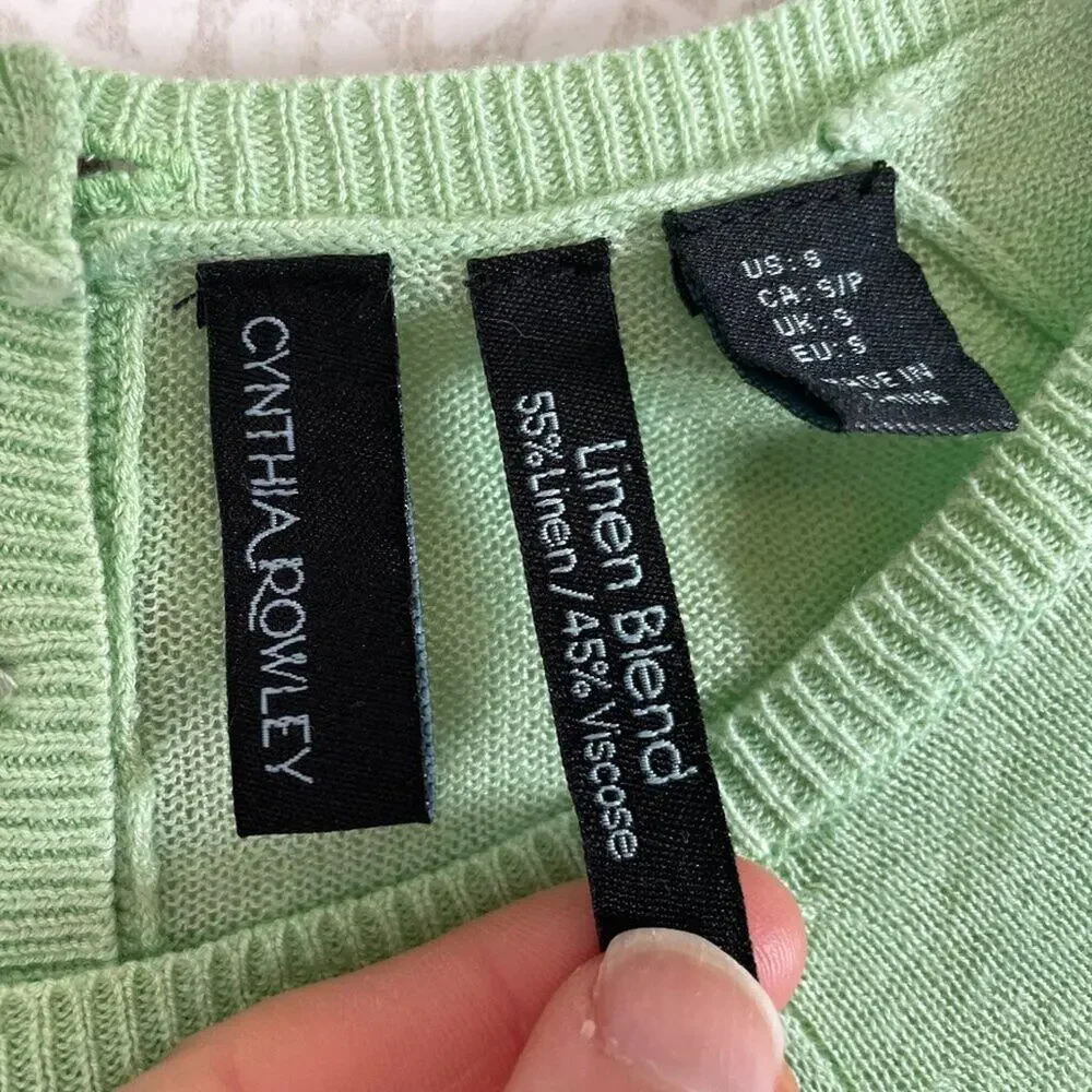 Cynthia Rowley Pale Green Linen Blend Crew Neck Sweater, 3/4 Sleeve, Small